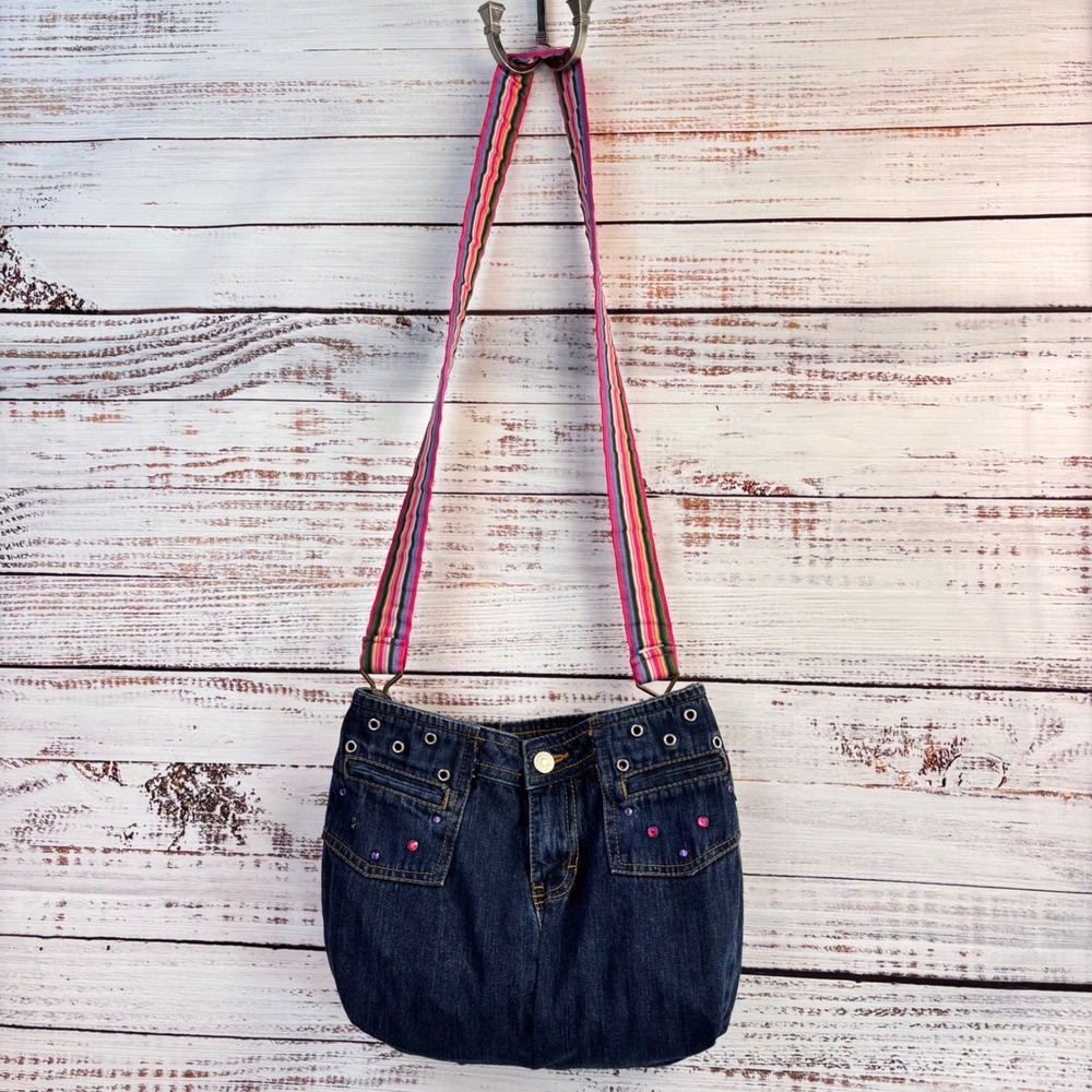 Handmade Upcycled Blue Denim Jean Shoulder Bag Rhinestone Striped Strap Boho - Picture 3 of 14